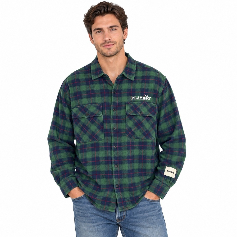 Playboy Flannel Shirt Mens Large Green Plaid PacSun Embroidered Logo Button Up